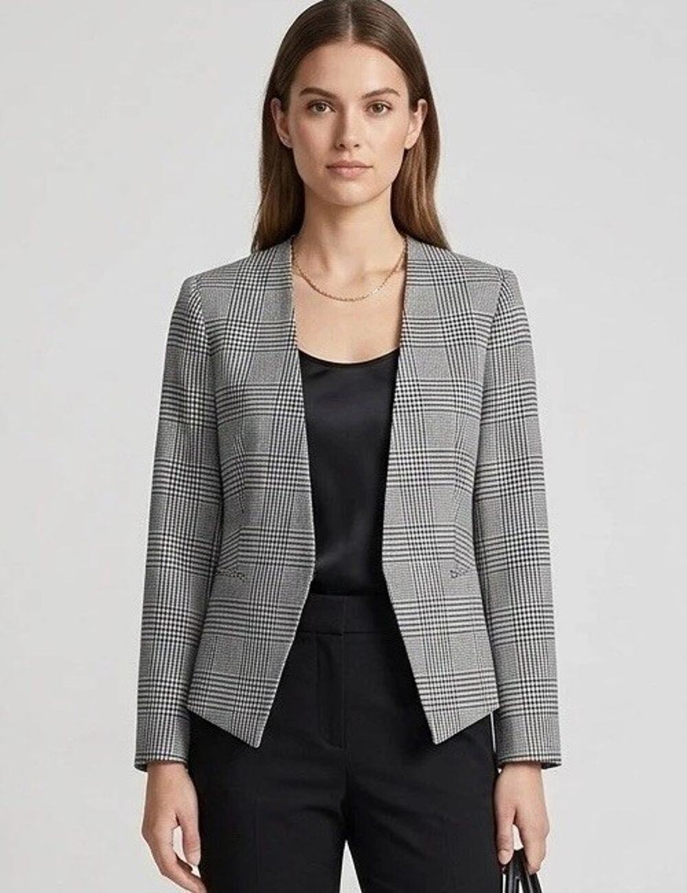 NWT Express Glen Plaid Open Front Blazer Jacket Black White Houndstooth Size 6
